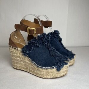 Chloe Blue Denim Fringe Sandals SZ 40Brown Suede Strap Hardware Gold Boho